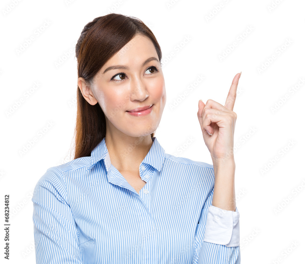 Asian businesswoman finger point up isolated Asian businesswoman finger point up isolated