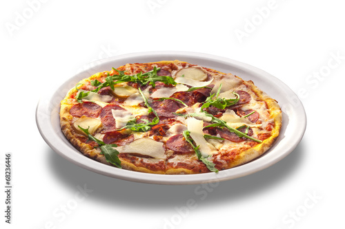 Pizza with cheese, salami and herbs
