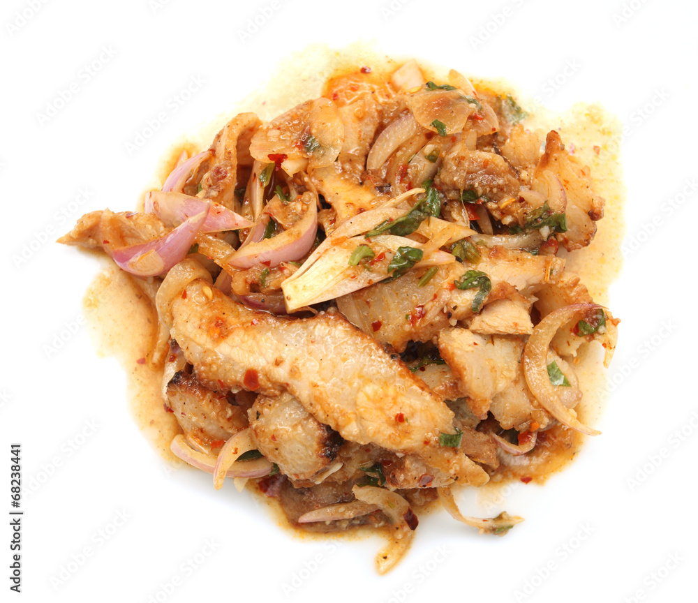 Thai cuisine spicy pork salad , Moo Nam Tok isolated white backg Thai cuisine spicy pork salad , Moo Nam Tok isolated white backg