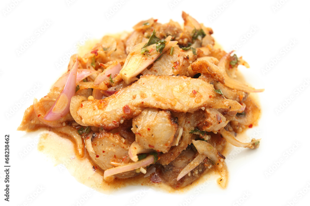 Thai cuisine spicy pork salad , Moo Nam Tok isolated white backg Thai cuisine spicy pork salad , Moo Nam Tok isolated white backg