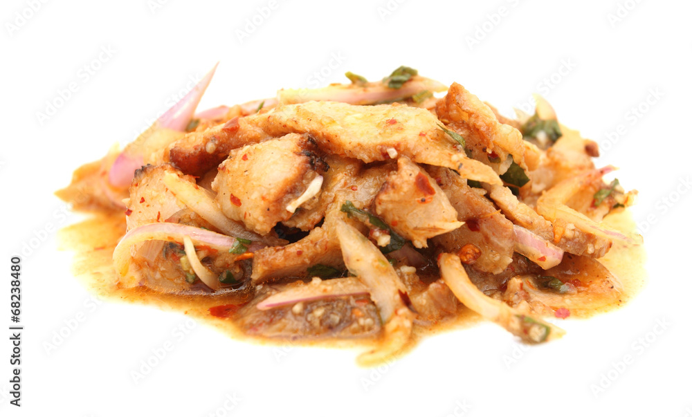 Thai cuisine spicy pork salad , Moo Nam Tok isolated white backg Thai cuisine spicy pork salad , Moo Nam Tok isolated white backg