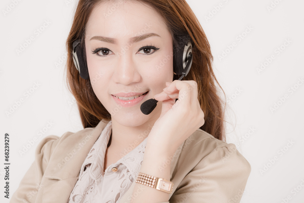Portrait of happy smiling cheerful support phone operator in hea Portrait of happy smiling cheerful support phone operator in hea