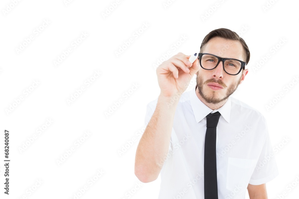 Geeky businessman writing with marker Geeky businessman writing with marker