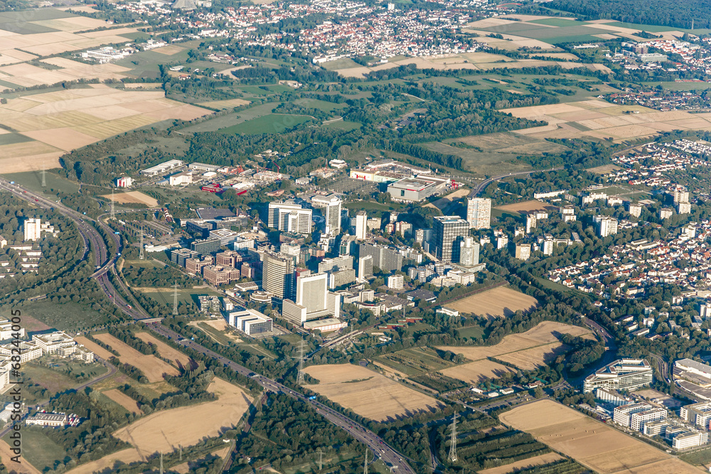aerial of Eschborn, Germany with skyscraper