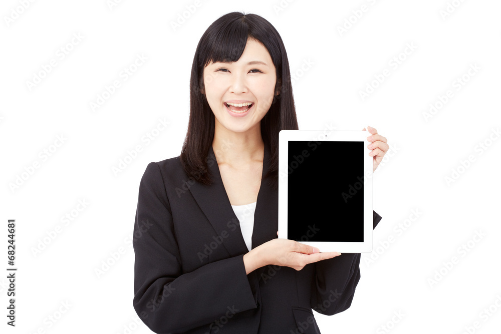 タブレットを持って笑うビジネスウーマン タブレットを持って笑うビジネスウーマン