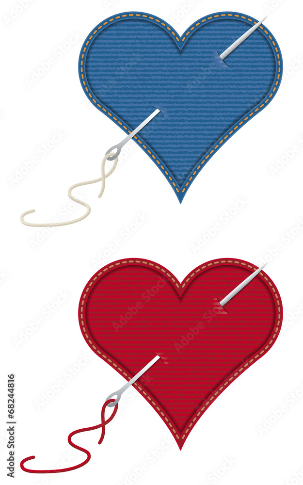 Heart Fabric. Two denim hearts are pierced by a needle Heart Fabric. Two denim hearts are pierced by a needle