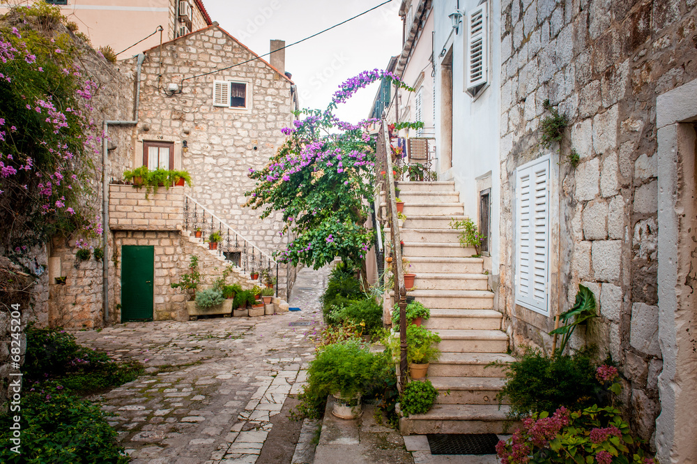 Picturesque small town street view in Mali Ston, Dalmatia, Croat