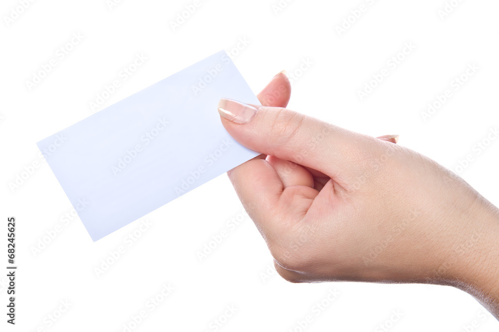 Empty business card in woman's hand Empty business card in woman's hand