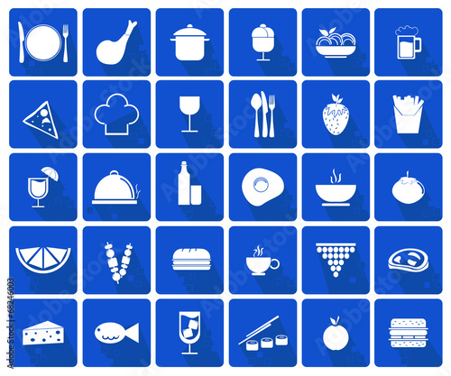 Food icons set - white on a blue background