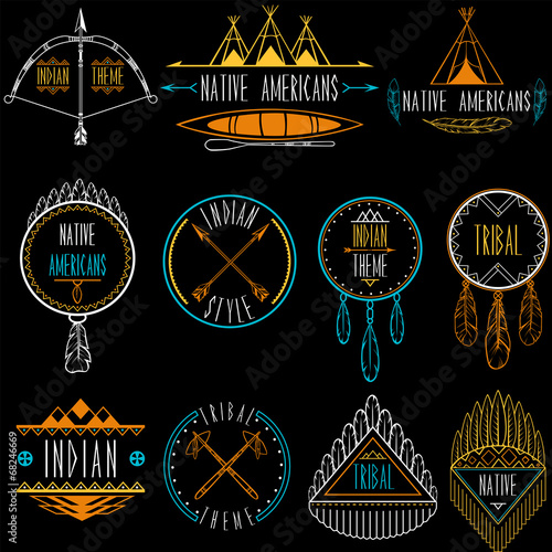 Collection of badges and labels in indian tribal style