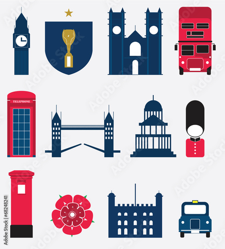 Set of England and London Landmark Icon in Flat Design