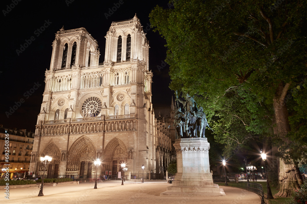 Notre Dame, Paris cathedral in France at night