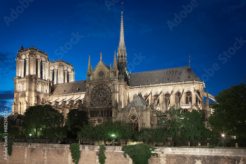 Notre Dame de Paris cathedral at night, side view