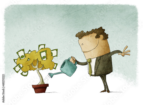 Man taking care of her finances watering a money tree