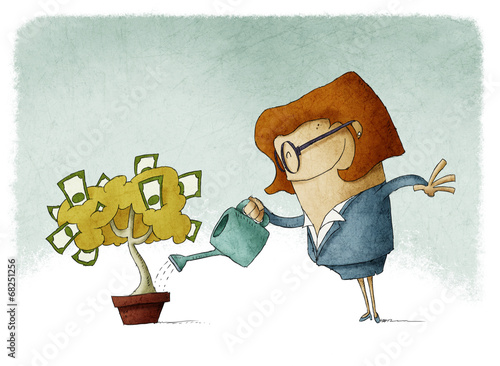 Woman taking care of her finances watering a money tree