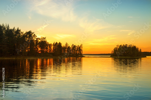 Sunset on the lake in Norway. White night.
