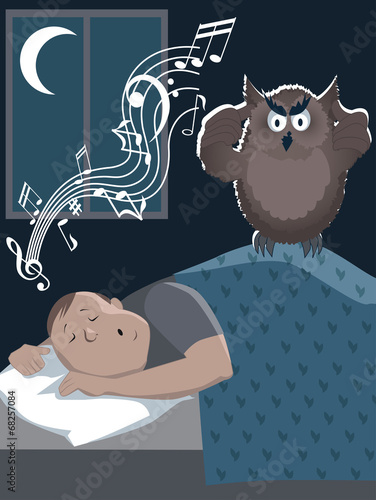 Snoring man and annoyed owl