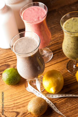 Healthy diet, protein shakes and fruits photo