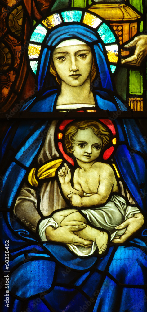 Mary with child Jesus in stained glass