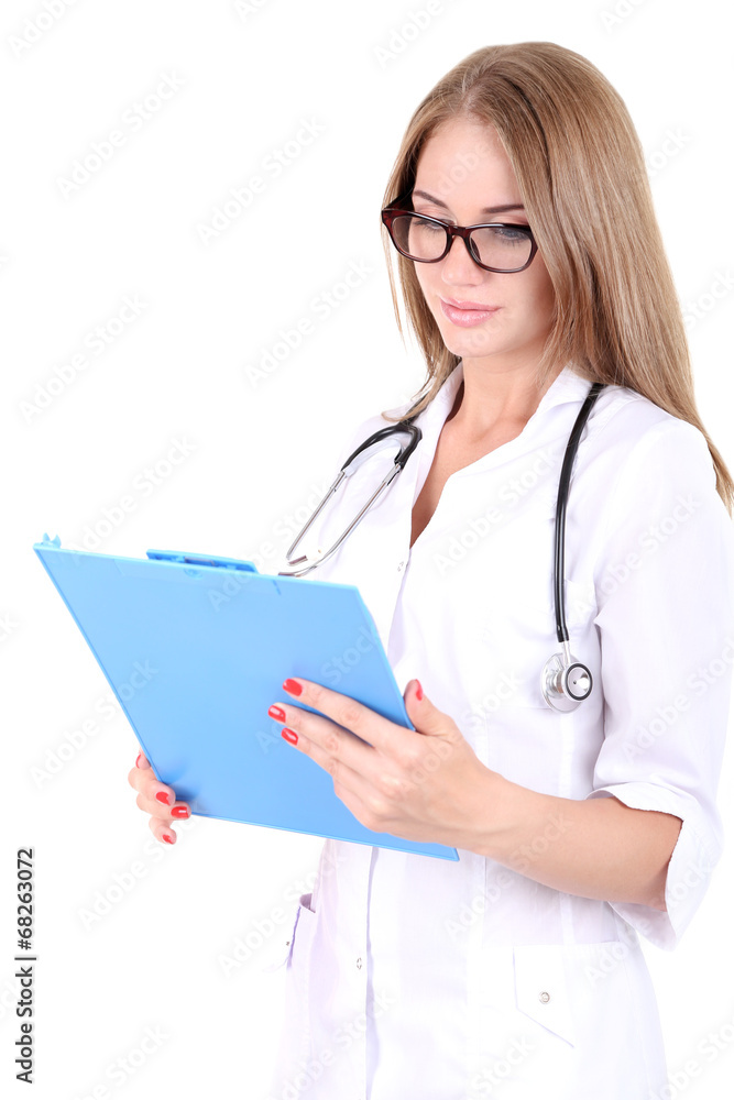 Young beautiful doctor holding folder isolated on white Young beautiful doctor holding folder isolated on white