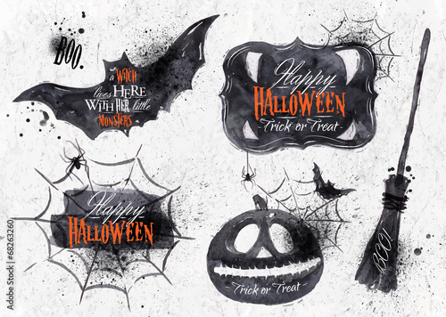 Halloween set symbols with lettering in vintage style