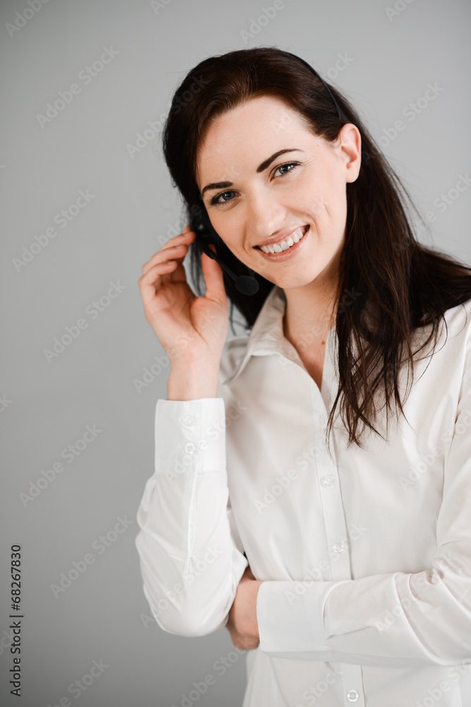 cheerful young woman telephone customer support hotline service cheerful young woman telephone customer support hotline service