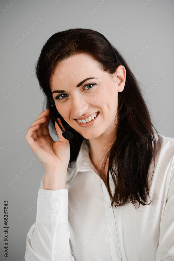 cheerful young woman telephone customer support hotline service cheerful young woman telephone customer support hotline service