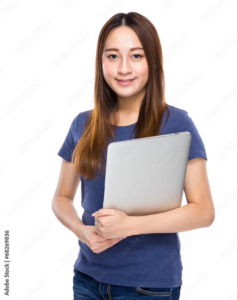 Mixed race young woman hold laptop computer Mixed race young woman hold laptop computer