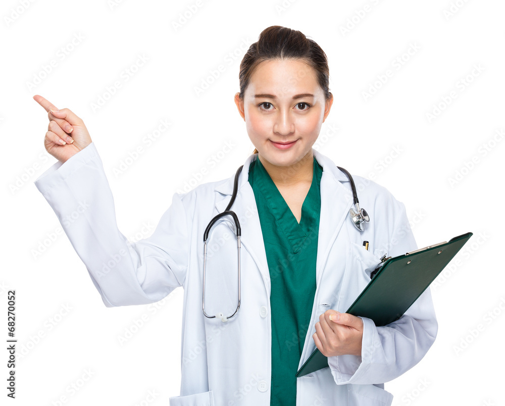 Indonesian woman doctor hold clipboard and finger point out
