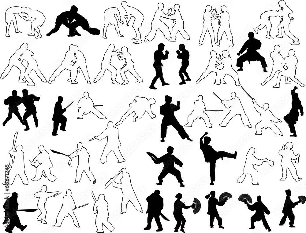 hand-to-hand fighters silhouettes and outlines set