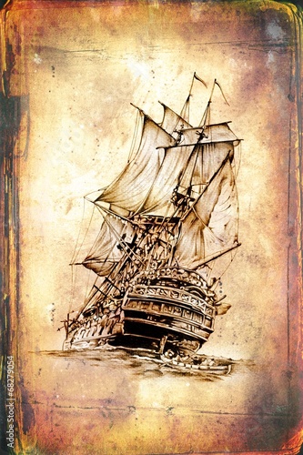 antique boat sea motive drawing handmade