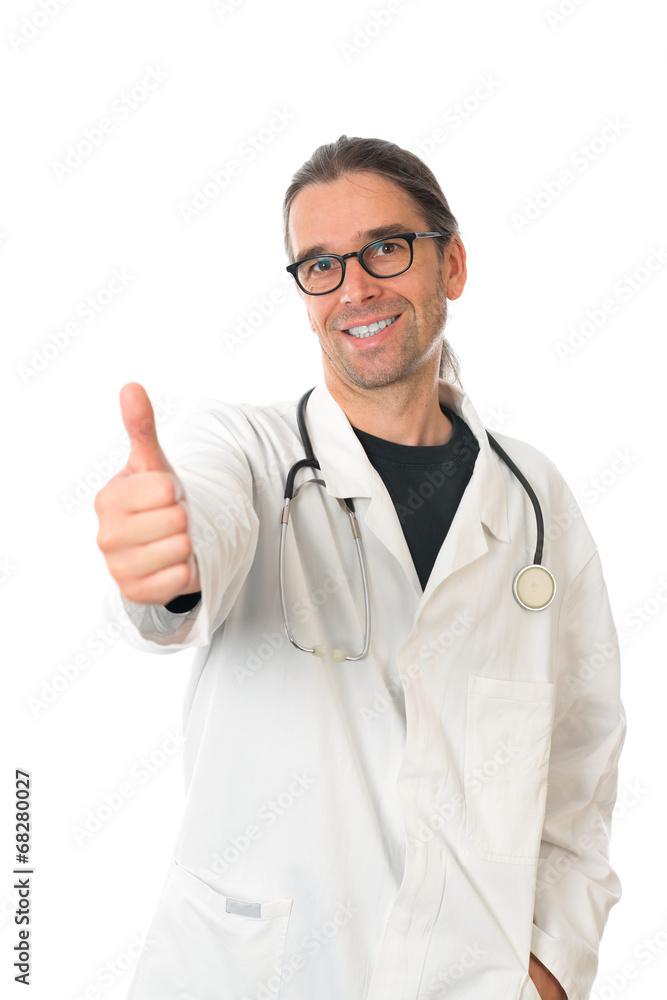 young doctor with glasses keeping upthe thumb young doctor with glasses keeping upthe thumb
