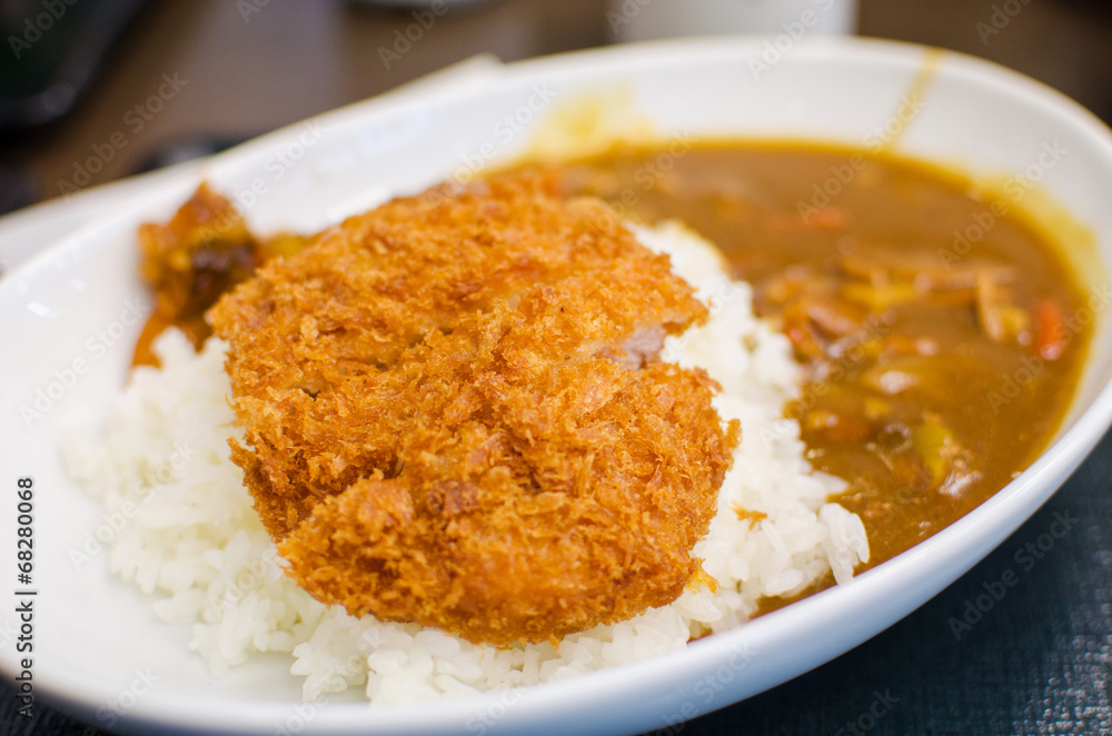 Curry rice with deep fried pork , Japanese food Curry rice with deep fried pork , Japanese food