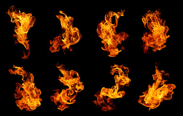 Fire flames collection isolated on black background