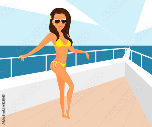 Brunette woman wearing yellow swimsuit is posing on the yacht
