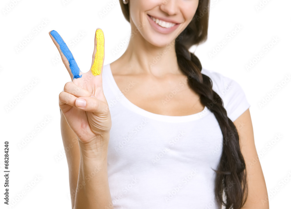 Ukrainian patriotic theme: Beautiful Woman Giving Peace (Victory Ukrainian patriotic theme: Beautiful Woman Giving Peace (Victory