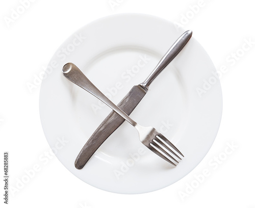 Empty white plate with knife and fork