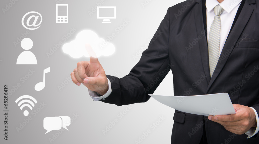 Businessman hand touch cloud computing concept Businessman hand touch cloud computing concept