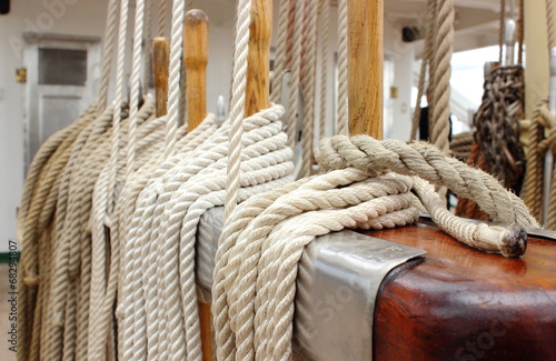 Closeup of thick ropes on sailboat