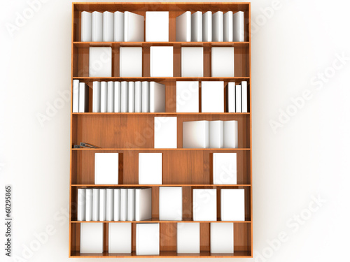 Book shelves with white books.