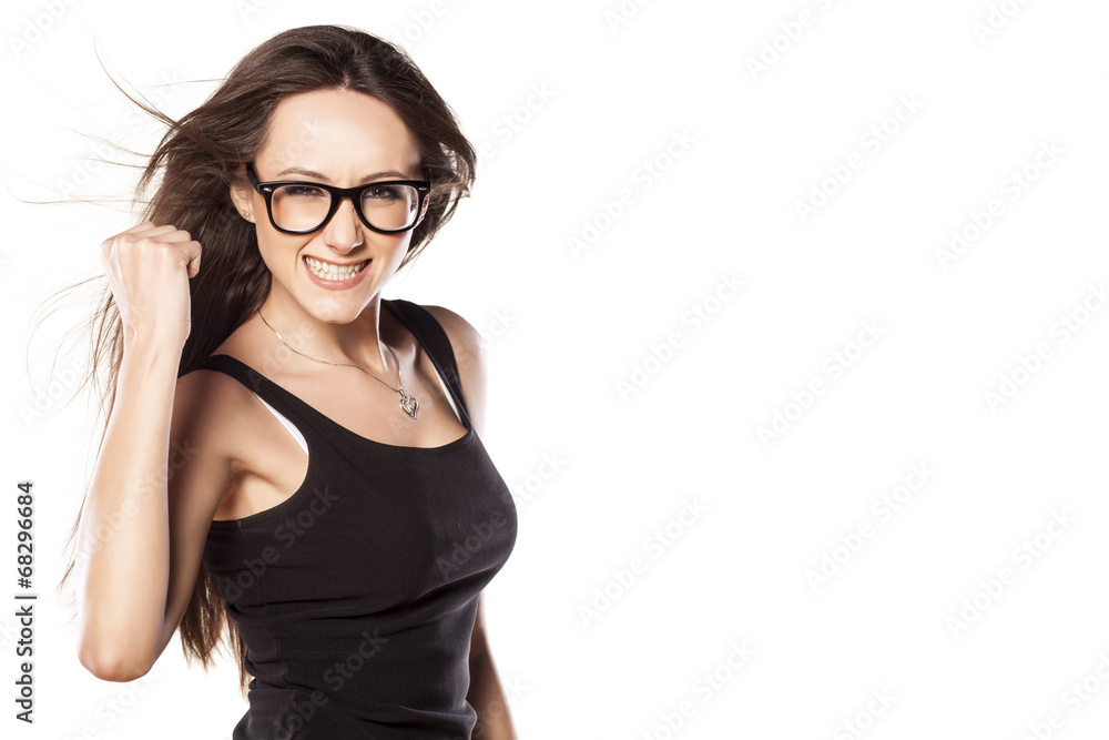 excited happy woman on a white background