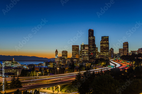 Seattle Skyline at Dusk with the Freeyway on Foreground