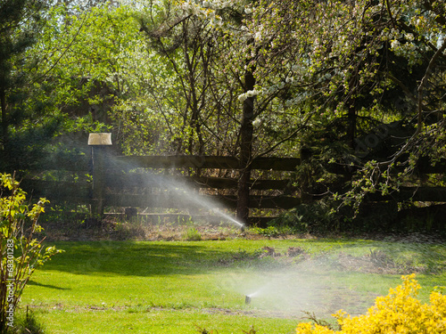 Gardening. Lawn sprinkler spraying water over grass.