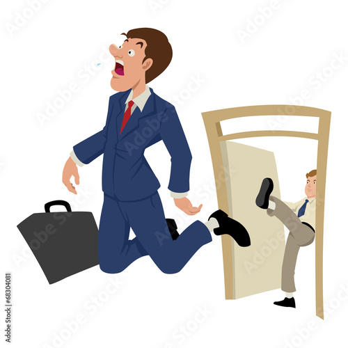Cartoon illustration of a businessman being kicked out