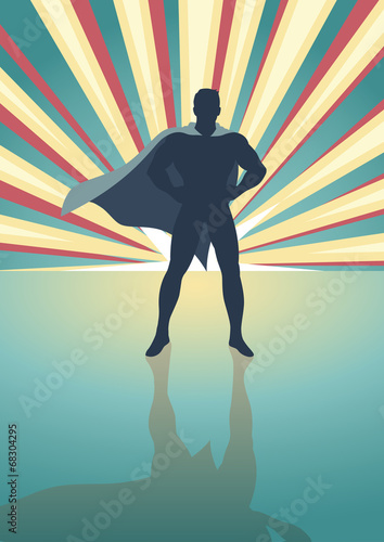 A superhero standing in front of colorful light burst