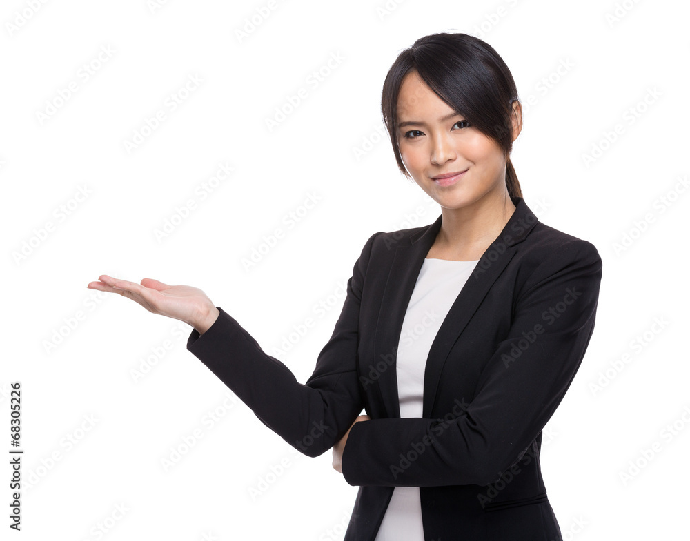 Business woman open palm present Business woman open palm present