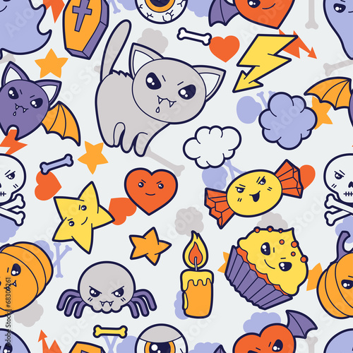 Seamless halloween kawaii pattern with cute doodles.