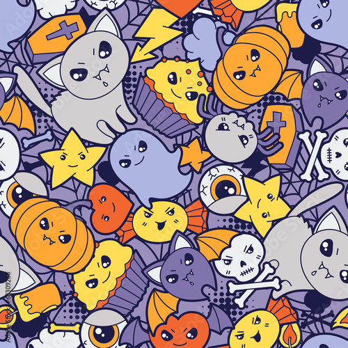 Seamless halloween kawaii pattern with cute doodles.