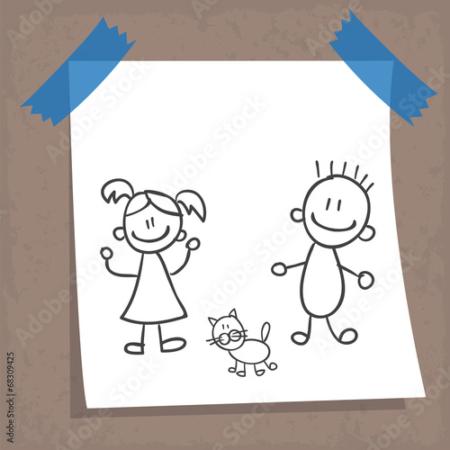 Sketch : boy, girl and cat