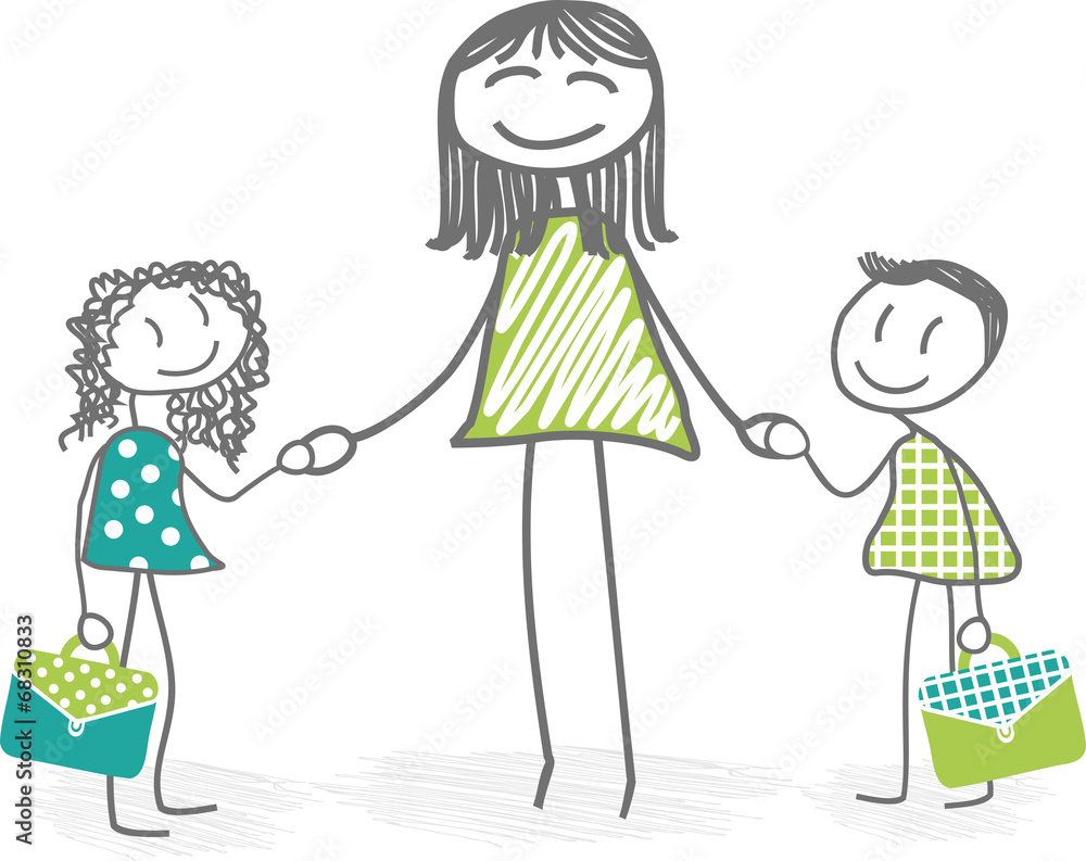 Mère amenant ses enfants à l'école Mère amenant ses enfants à l'école